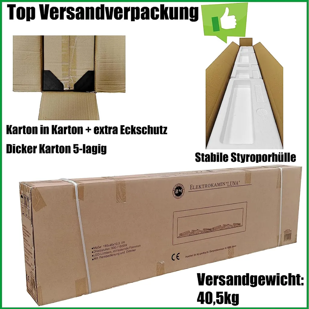 LED Wandkamin Elektrischer Kamin Elektrokamin Kaminofen Luna Heizung 180cm – Image 2