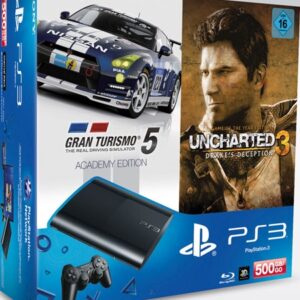 PS3 - Konsole Super Slim 500GB #schwarz + Uncharted Drakes Deception + GT5 Academy Edition + Original Controller (mit OVP) (gebraucht)