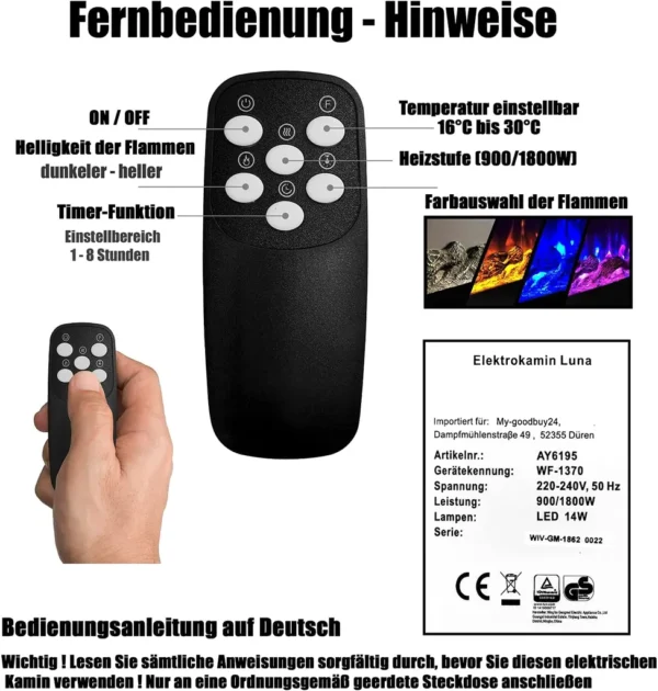 Elektrokamin Wandkamin mit LED Flammensimulation - Farbwechsel - inkl – Image 8